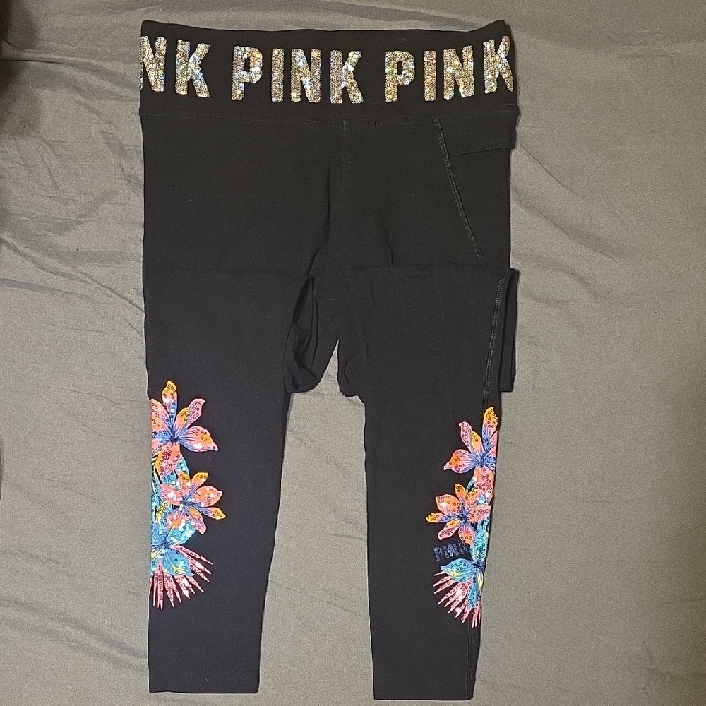 Victoria's Secret Black Leggings with Colorful Floral Accents